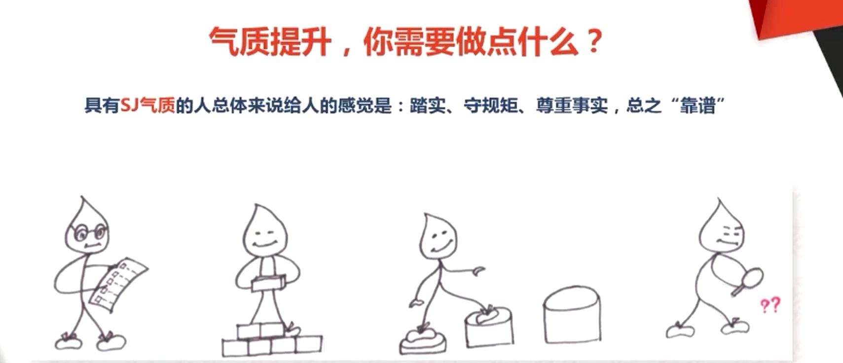 具有SJ氣質(zhì)的人總體來說給人的感覺是:踏實、守規(guī)矩、尊重事實，總之“靠譜